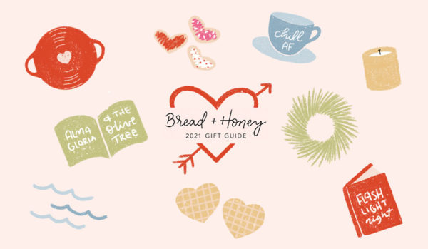 Valentines Gift Guide Illustration with waffle hearts, calming tea, candles and cookies.